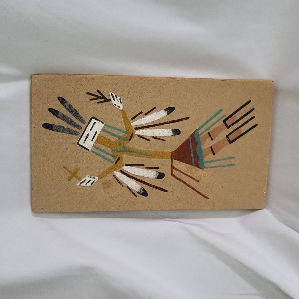 Navajo Indian tile Native Sand Art Signed Blessing Healing 5" x 8"